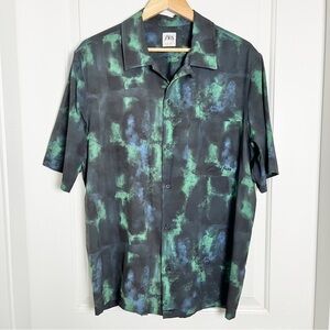 Zara Men's Green and Blue Patterned Shirt - Large